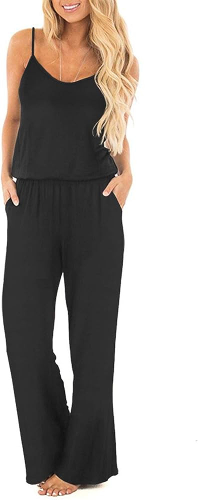 OUGES Women's Plain Sleeveless Racer Back Wide Leg Pant Jumpsuits Romper | Amazon (US)