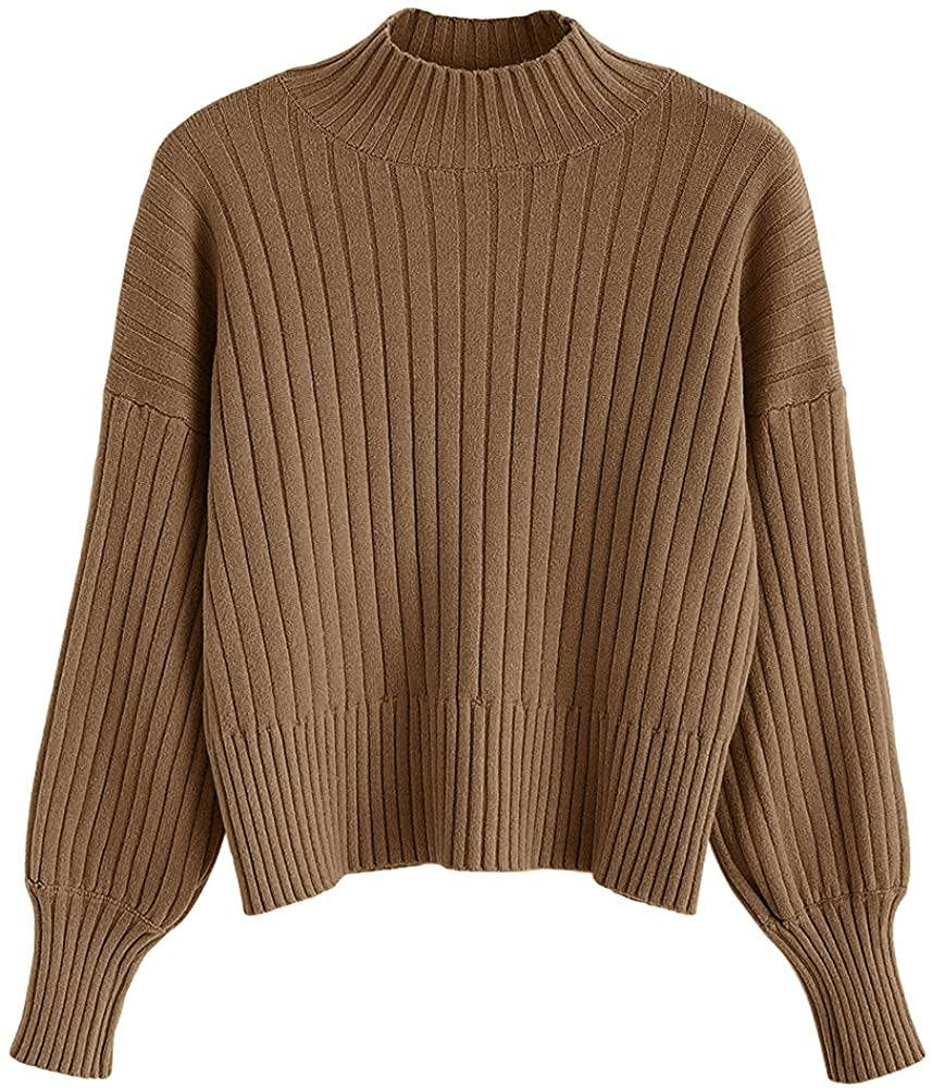 ZAFUL Women's Crew Neck Long Sleeve Pullover Crop Sweater Mock Neck Lantern Sleeve Ribbed Knit Cr... | Amazon (US)