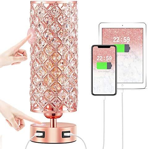 Hong-in Crystal Table Lamp, Rose Gold Lamp with USB Ports, 3 Way Dimmable Light with Crystal Lamp... | Amazon (US)