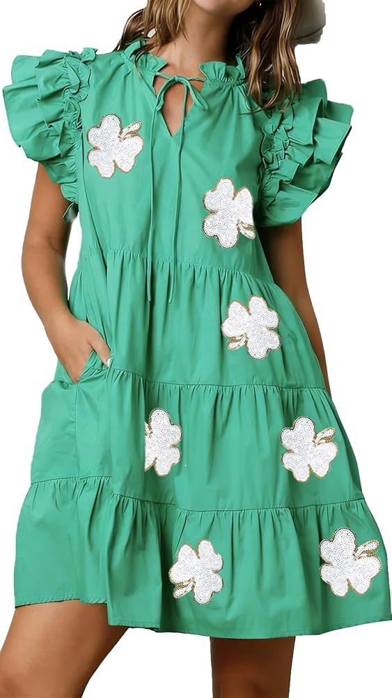 Womens Sequin Patch Babydoll Mini Dress Glitter Sparkle Short Puff Sleeve Tunic Ruffled Tiered Pa... | Amazon (US)