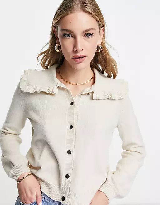 Vila cardigan with oversized collar and ruffle detail in beige | ASOS (Global)