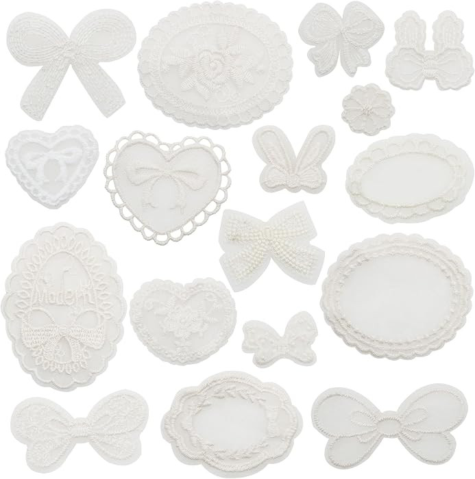 18 PCS Lace Applique Embroidery Heart Bow Flower Sew On Patches Lace Sew on Applique Patch Applique Decoration for Clothes Decoration DIY Sewing Crafts Accessories | Amazon (US)