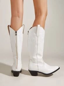 Women White Embroidery Detail Western Boots, Point Toe Fashionable Side Zipper Boots | SHEIN