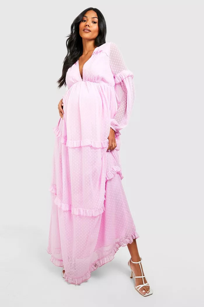 Maternity Dobby Mesh Ruffle Maxi Dress | Boohoo.com (US & CA)