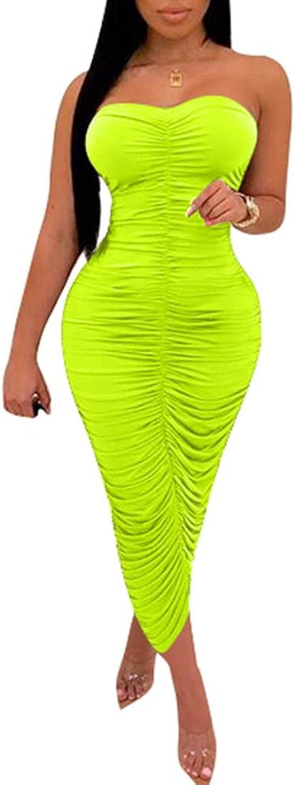 BEAGIMEG Women's Sexy Ruched Strapless Bodycon Tube Maxi Long Club Dress | Amazon (US)