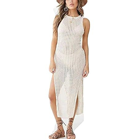 shermie Women's Crochet Swimsuit Cover Up Sleeveless Side Slit Long Beach Dress | Amazon (US)