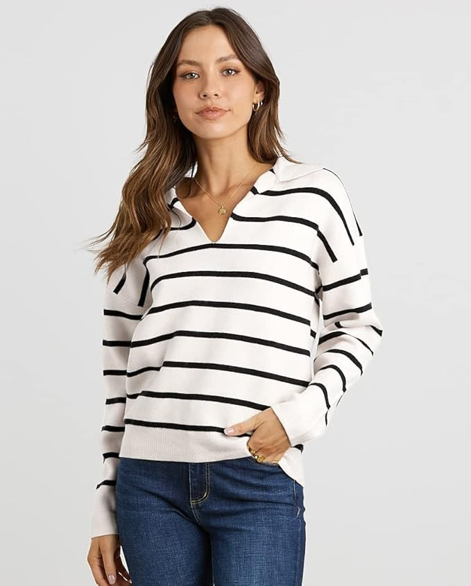 CFLONGE Women's Winter Casual Striped Long Sleeve Polo V Neck Pullover Sweater Loose Fit Drop Sho... | Amazon (US)