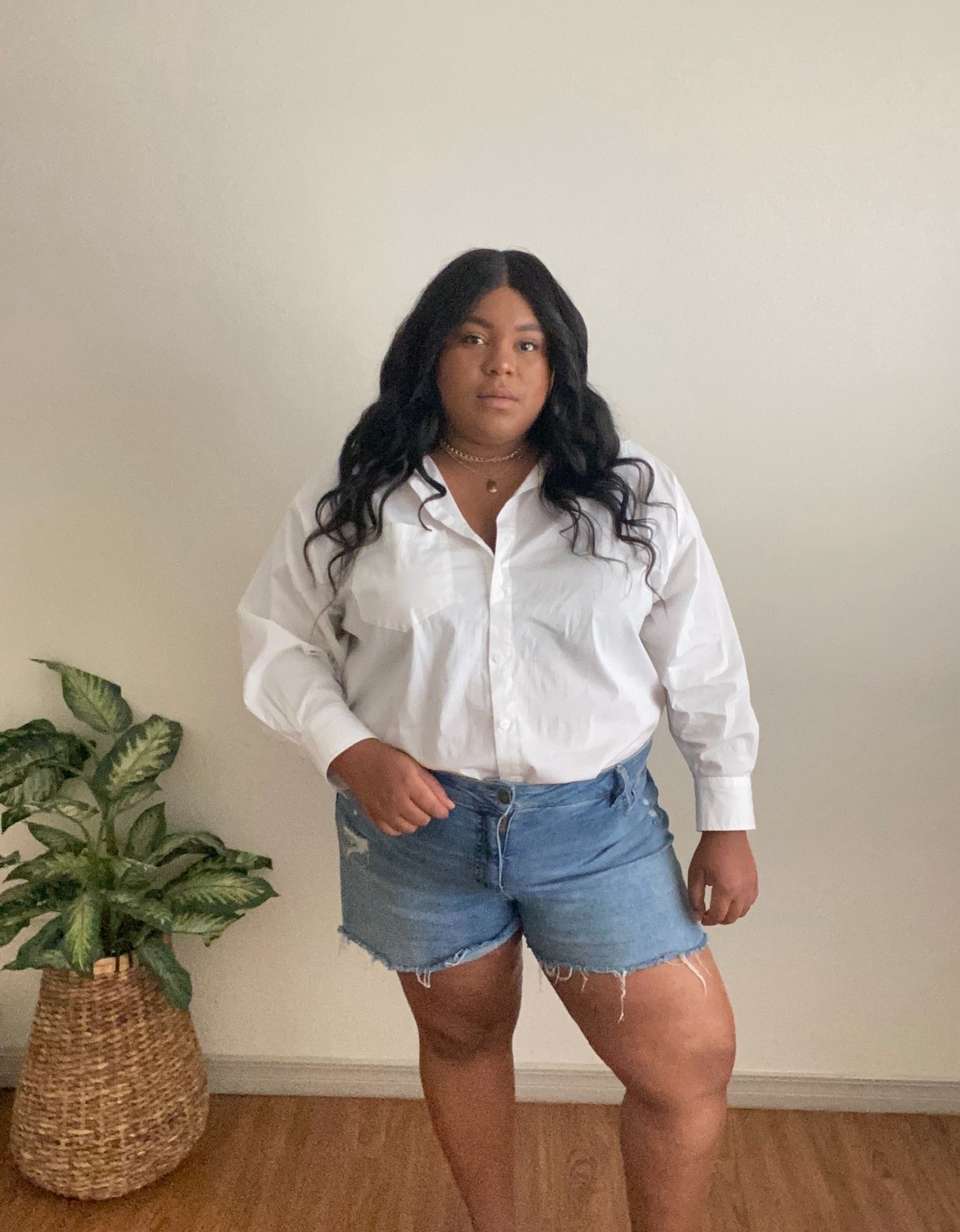 Plus size minimal summer outfit ideas. White button down and denim shorts 

#LTKStyleTip #LTKFindsUnder50 #LTKPlusSize
