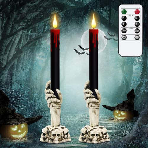 Wondise Halloween Flameless Taper Candles with Remote and Timer, Black Battery Operated Dripping Wax LED Flickering Candles with Skeleton Hand Holders for Halloween Decoration(2 Pack, 3” x 12”) | Amazon (US)