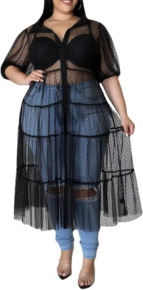 Sunlips Women's Sexy Plus Size Lapel Shirt Dresses Mesh See Through Puff Short Sleeve Flowy Swing... | Amazon (US)