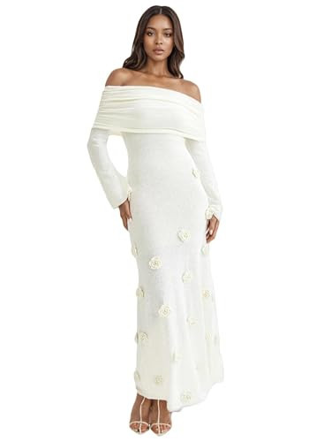 LETSVDO Womens Off The Shoulder Crochet Maxi Dress Long Sleeve Bodycon 3D Floral Knit Sweater Elegant Wedding Guest Dresses White | Amazon (US)