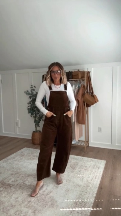 These barrel corduroy overalls + a simple long sleeve = the easiest throw-on-and-go combo… and the jelly flats are giving just the right touch of 90’s nostalgia 🫶🏼 Comfortable, put together, and mom-life approved for church, brunch, or wherever the day takes you. 

 #LTKgrwm #LTKmomlife #LTKSeasonal