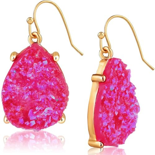 Hot Pink Earrings for Women Dangling - Fuchsia Earrings for Women - Sparkly Hot Pink Jewelry - Preppy Magenta Dangles - Gold Tone with Tear-Drop Simulated Druzy Stones | Amazon (US)