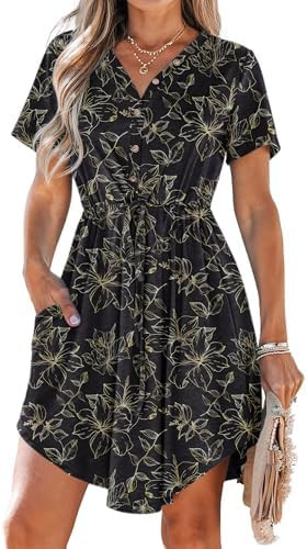 MISFAY Women Summer Dress Casual V Neck Short Sleeve Drawstring Mini Dresses with Pockets | Amazon (CA)