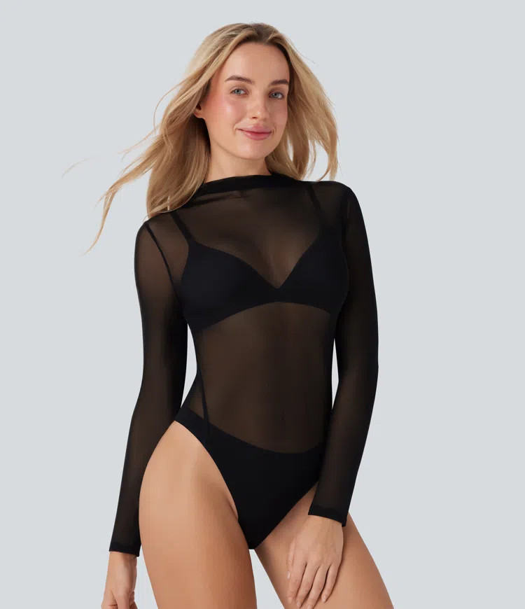 Women’s Sheer Mesh Mock-neck Snap Casual Bodysuit - Halara | HALARA