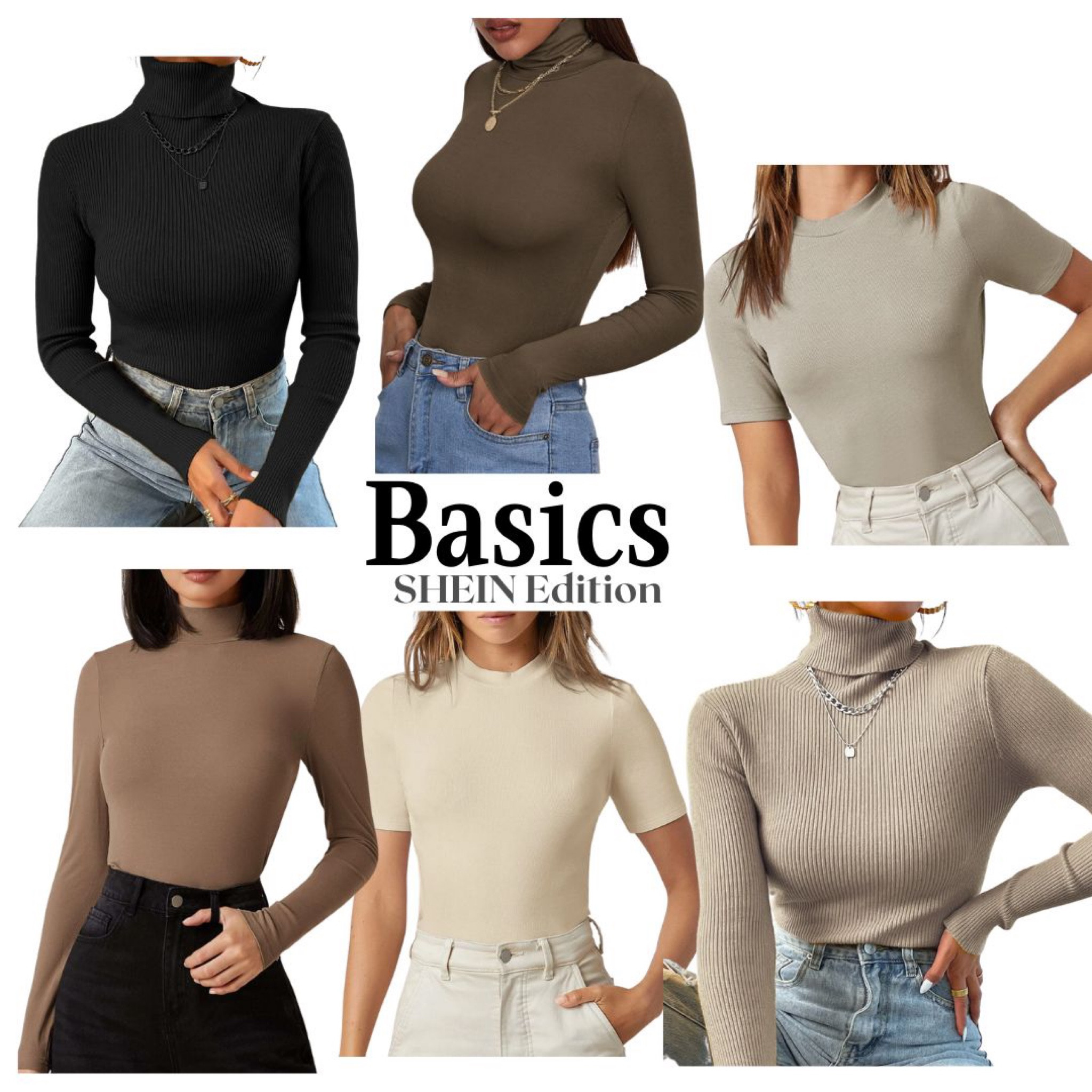 Basics. Mock neck. Turtleneck. High neck. Neutrals. Fitted Tee. Ribbed knit sweater. Solid. Affordable fashion. Shein. 

*similar items I have purchased but are not pictured in photo  

#LTKunder50 #LTKworkwear #LTKFind