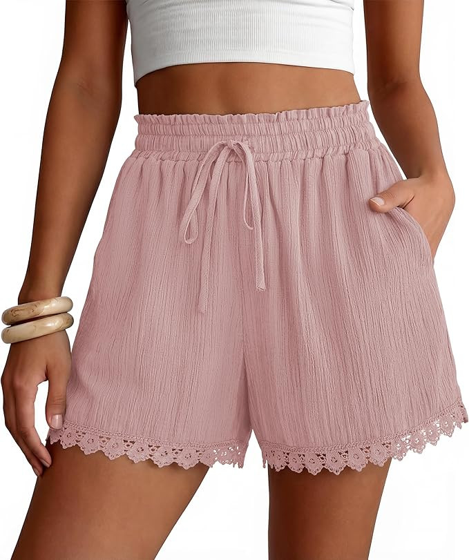ZESICA Women's Summer Beach Vacation Shorts 2026 Cute Elastic Drawstring Waist Lace Trim Wide Leg... | Amazon (US)
