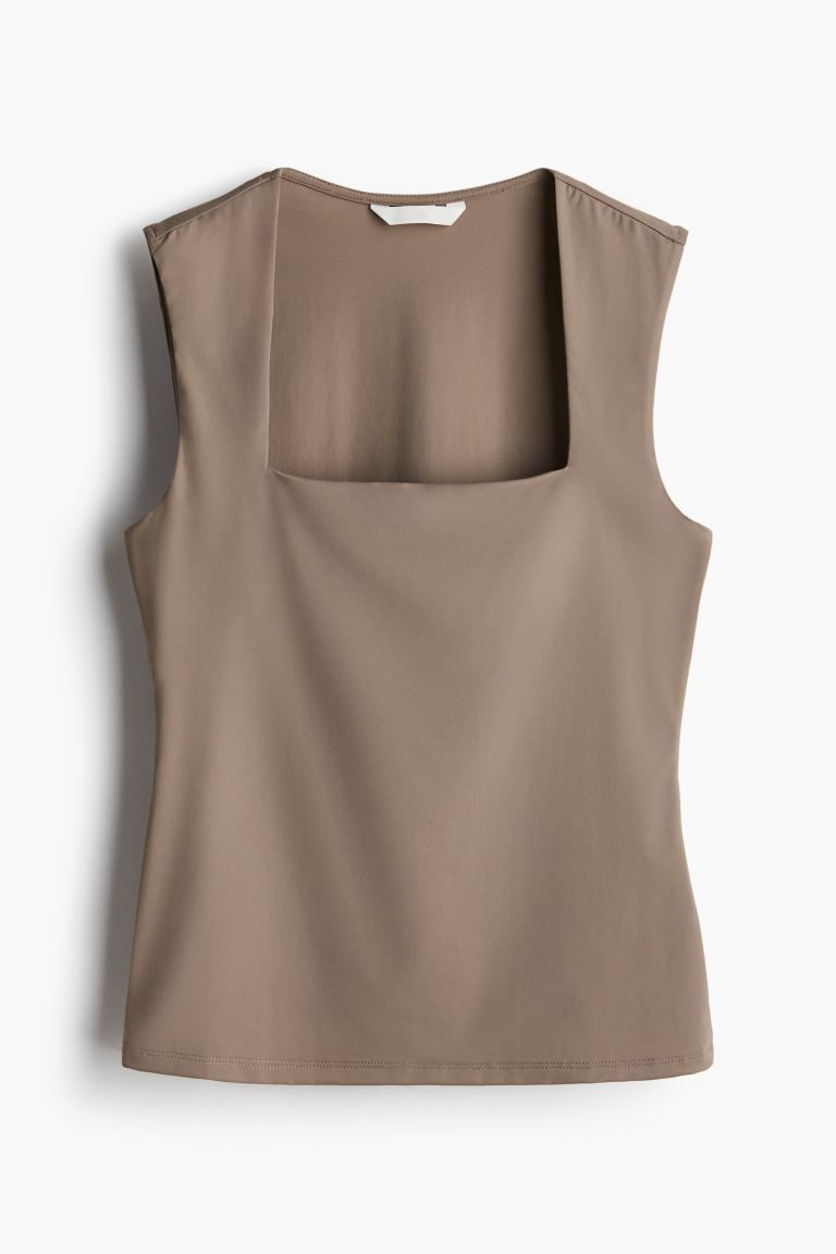 Square-neck Jersey Top - Square Neckline - Sleeveless - Dark beige - Ladies | H&M US | H&M (US + CA)