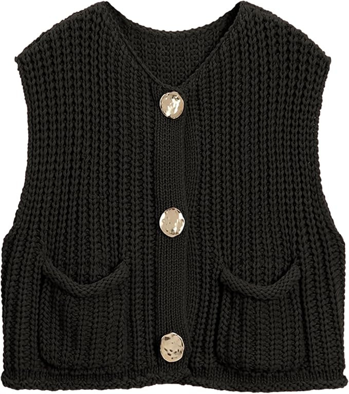 Hixiaohe Womens Crochet Chunky Knit Top Sleeveless Button Down Crop Tops Trendy Cardigan Sweater ... | Amazon (US)