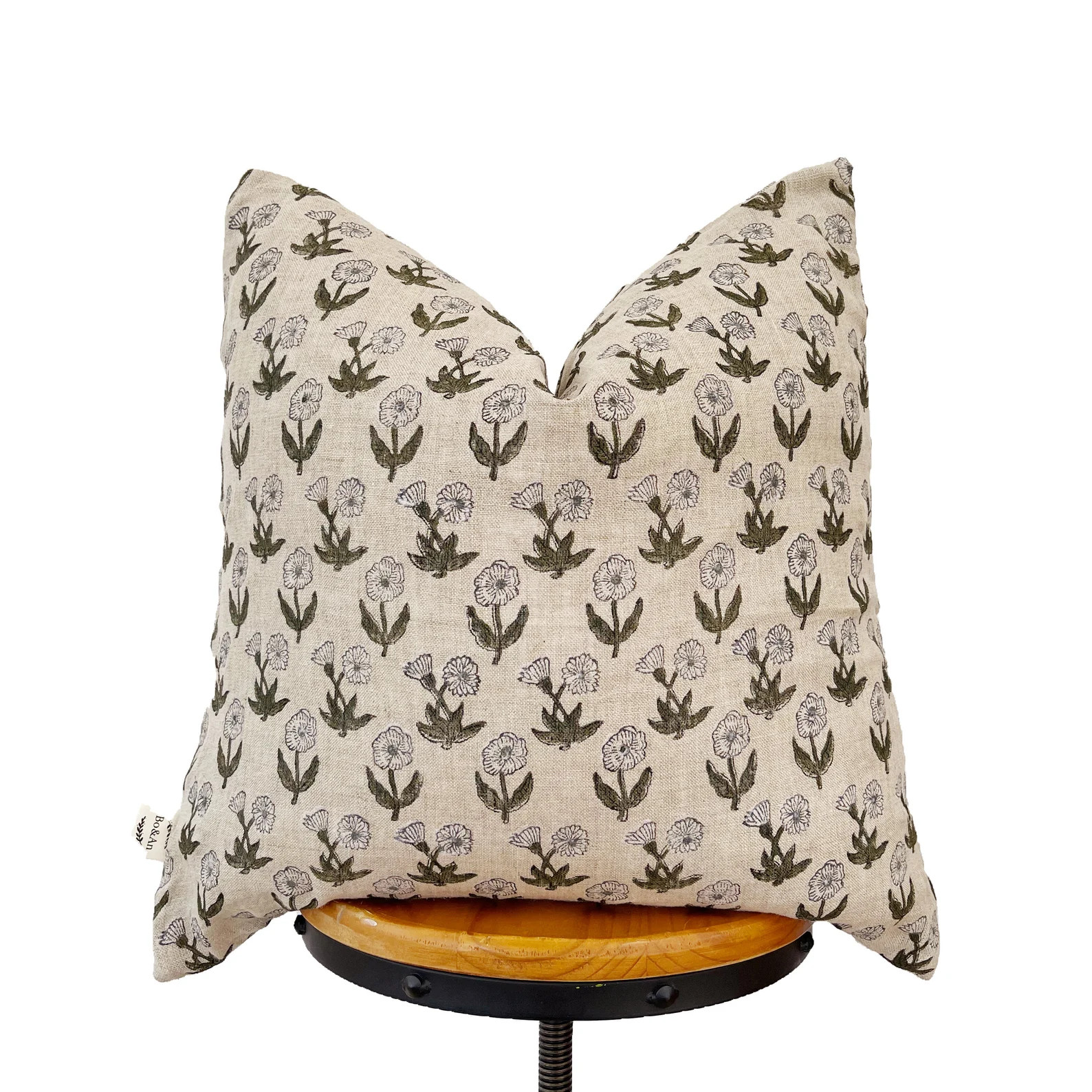 Block print linen pillow, olive green floral pillow cover | Etsy (US)