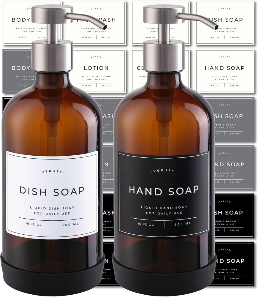 Hand and Dish Soap Dispenser for Kitchen and Bathroom, Set of 2 16 Oz Glass Bottles, Stainless St... | Amazon (US)