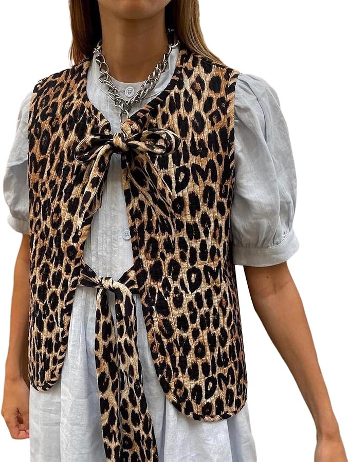 PDYLZWZY Women Leopard Print Sleeveless V Neck Bow Front Vest Y2k Casual Cheetah Cardigan | Amazon (UK)