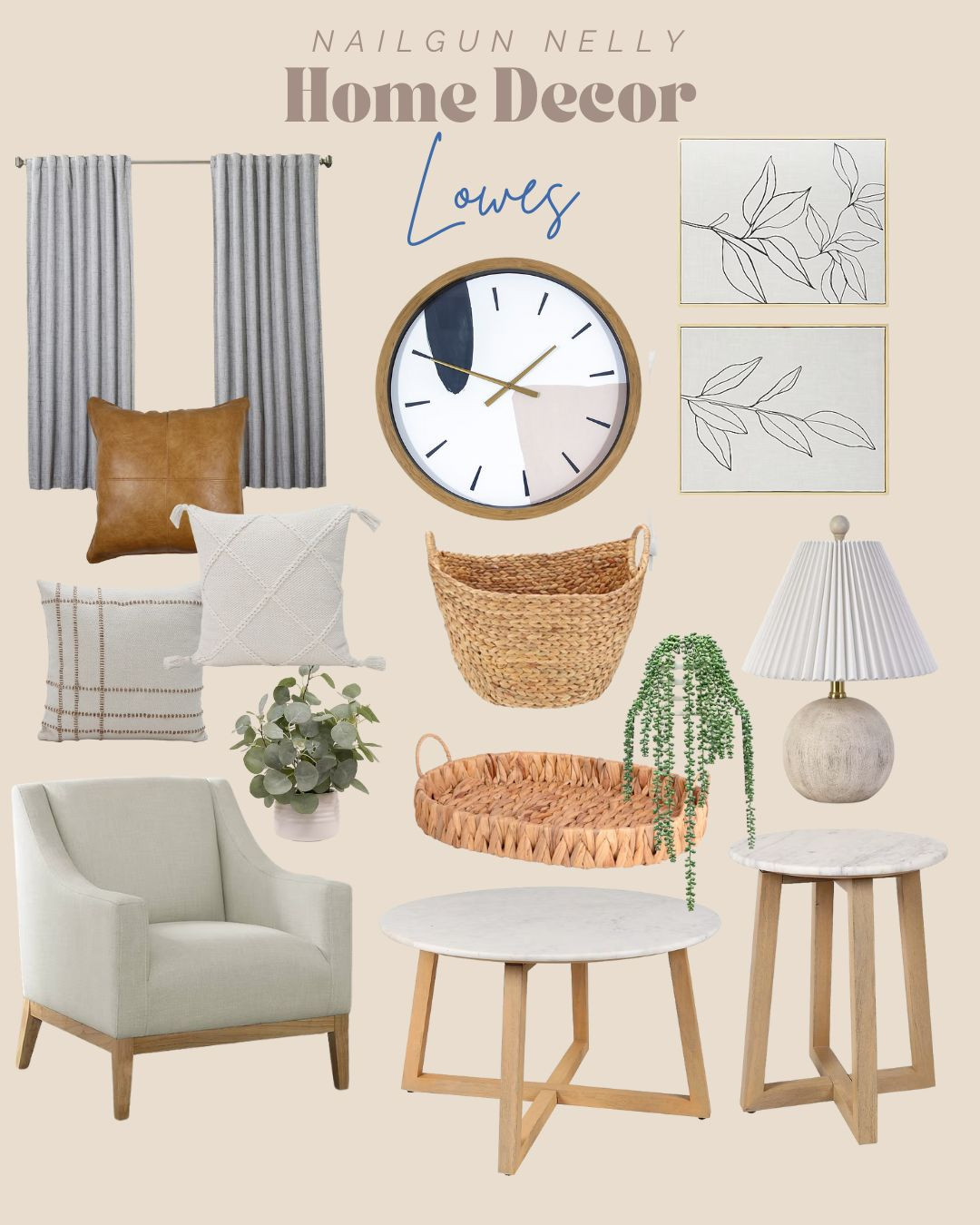 Lowes Home Decor!

gray curtains, wicker basket, throw pillows, coffee table and side table, faux plants, lamp, wall art  

 #LTKSeasonal #LTKHome #LTKFamily