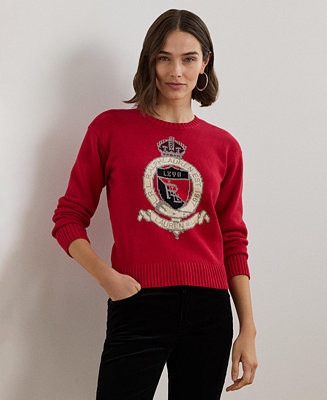 Lauren Ralph Lauren Women's Intarsia-Knit Crest Cotton Sweater, Regular & Petite - Macy's | Macy's