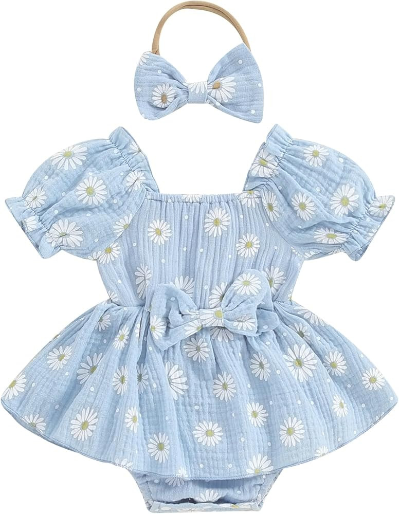 Baby Girls Daisy Romper Bowknot Bodysuit+Headband Short Sleeve Playsuits Floral Jumpsuit Infant S... | Amazon (US)