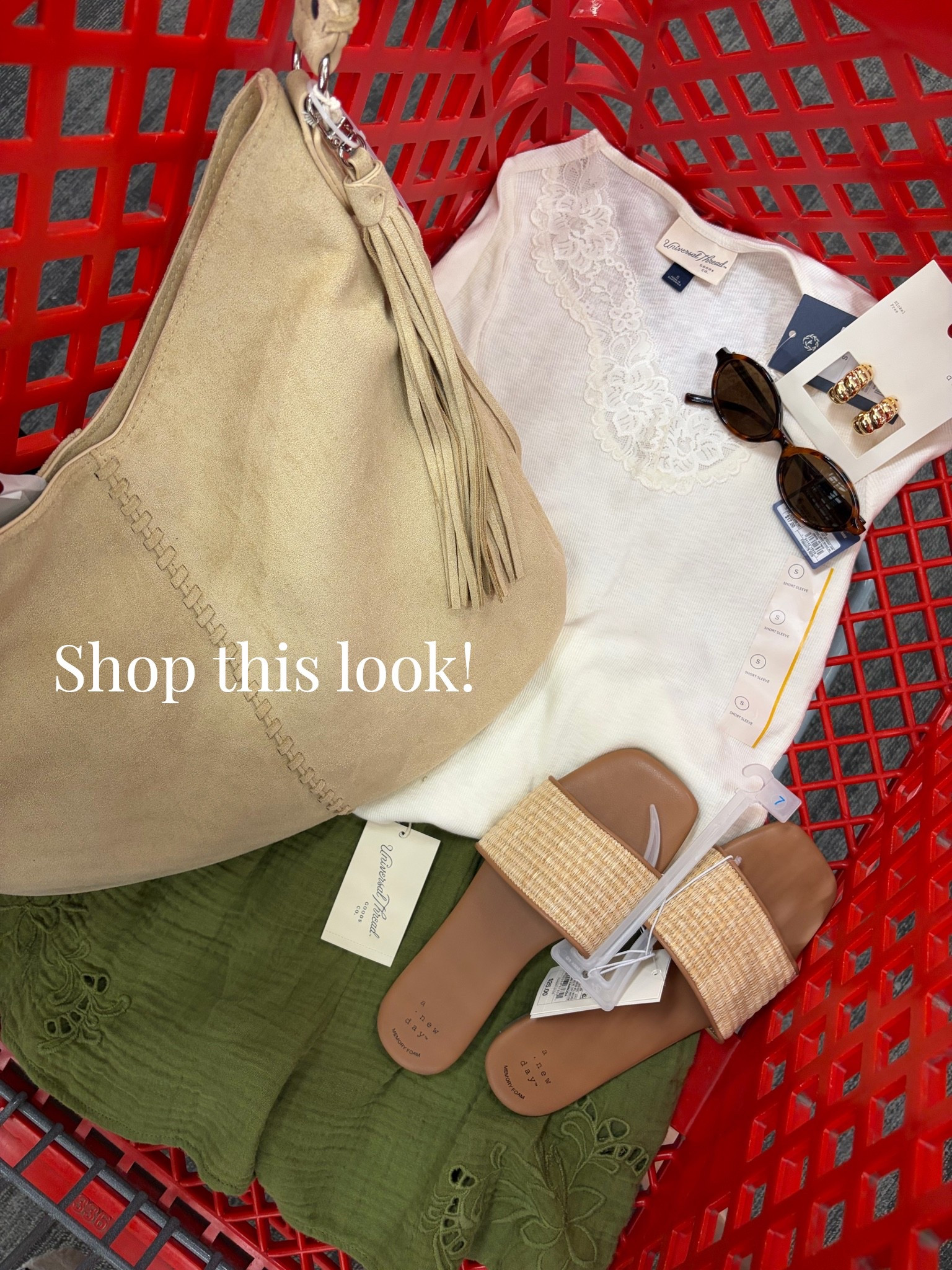 This Target haul is giving feminine summer perfection 🤍 The white lace collar ribbed tank paired with olive eyelet shorts, a tan suede tassel hobo bag, woven strap sandals, tortoise sunglasses, and gold hoops — easy, elevated, and all from Target. All linked!

#LTKdayinmylife #LTKgrwm #LTKootd