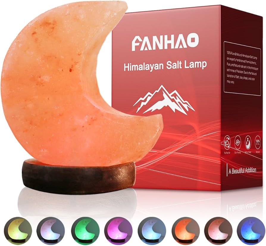 FANHAO Himalayan Salt Lamp, 100% Authentic Natural Hand Carved Moon Pink Crystal Rock Salt with 8... | Amazon (US)