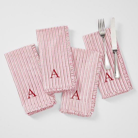 Block Print Ruffle Edge Dinner Napkins, Set of 4, Pink-Red Pinstripe | Mark and Graham