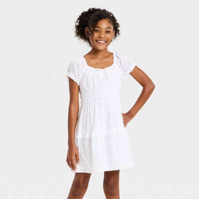 Girls' Puff Sleeve Fit and Flare Eyelet Dress - art class™ White L | Target