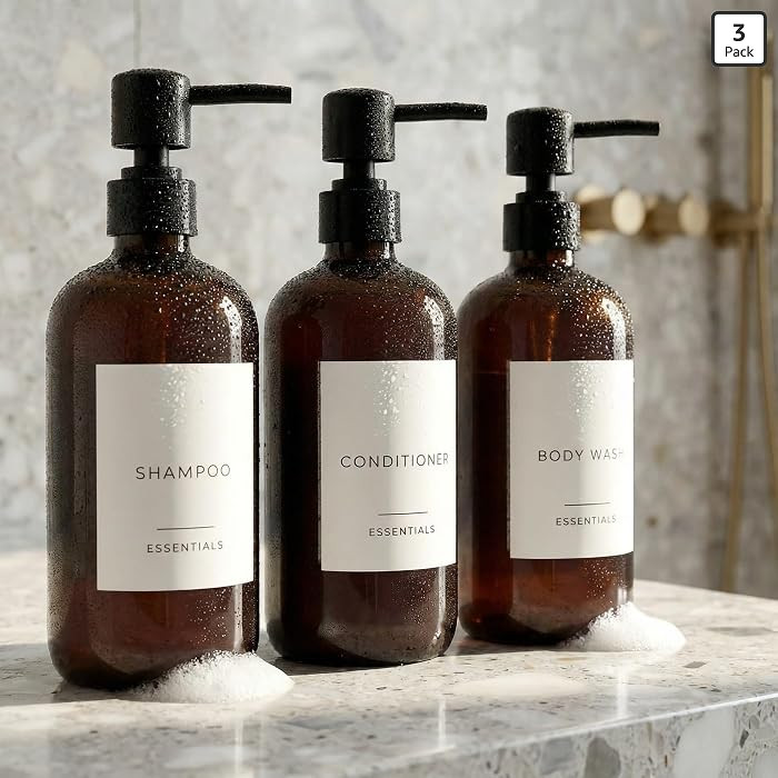 Stylish Shampoo and Conditioner Dispenser Set of 3 - Modern 21oz Shower Soap PET Bottles with Pum... | Amazon (US)