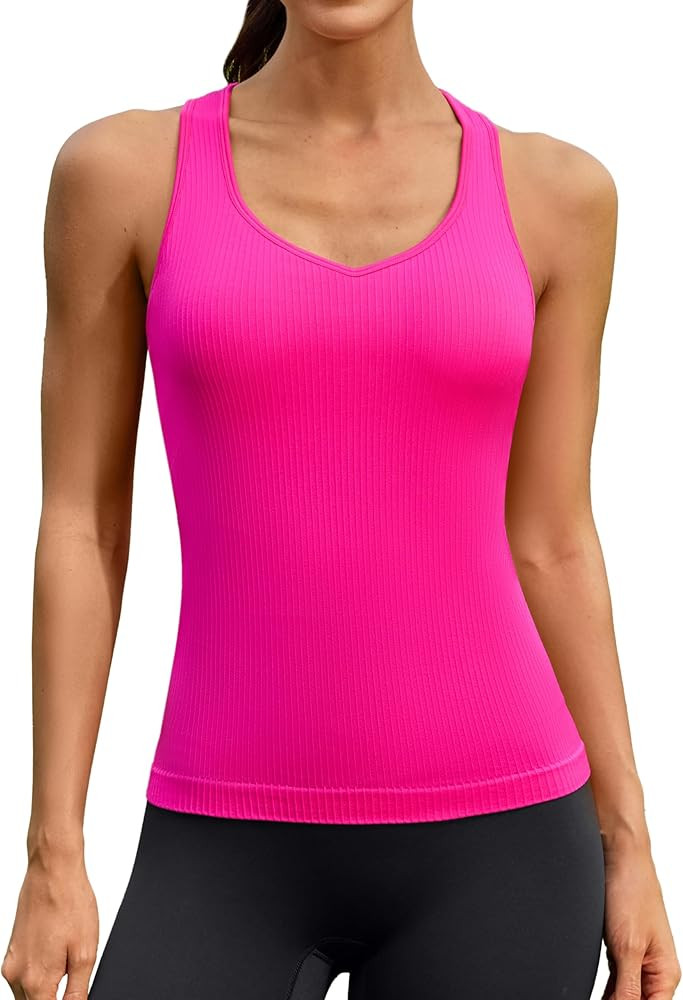 ATTRACO Workout Tank Top for Women Built-in Bra Athletic Tank Sweetheart Neck Seamless Yoga Top | Amazon (US)
