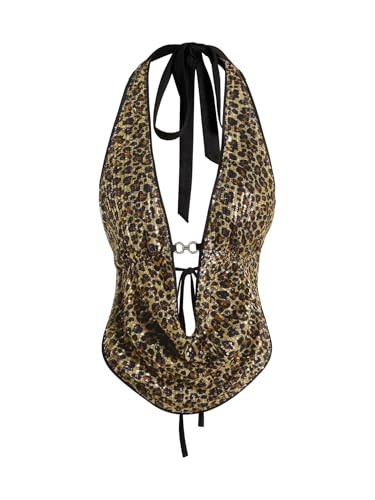 Verdusa Women's Cheetah Print Sequin Top Y2K Tie Back Corset Halter Going Out Crop Tops Sequin Gold X-Small | Amazon (US)