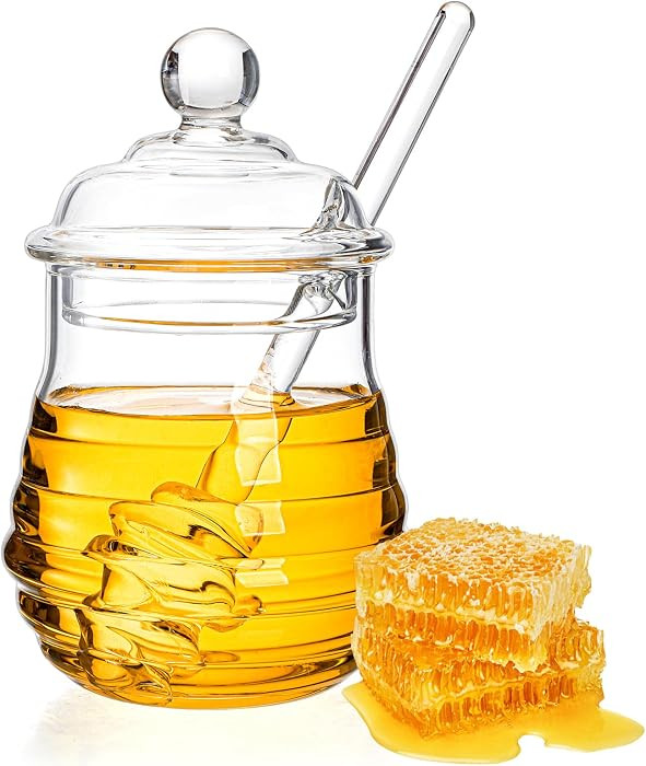 Lawei Glass Honey Jar with Dipper and Lid, 10 OZ Heat-Resistant Bee Hives Honey Pot, Clear Glass ... | Amazon (US)