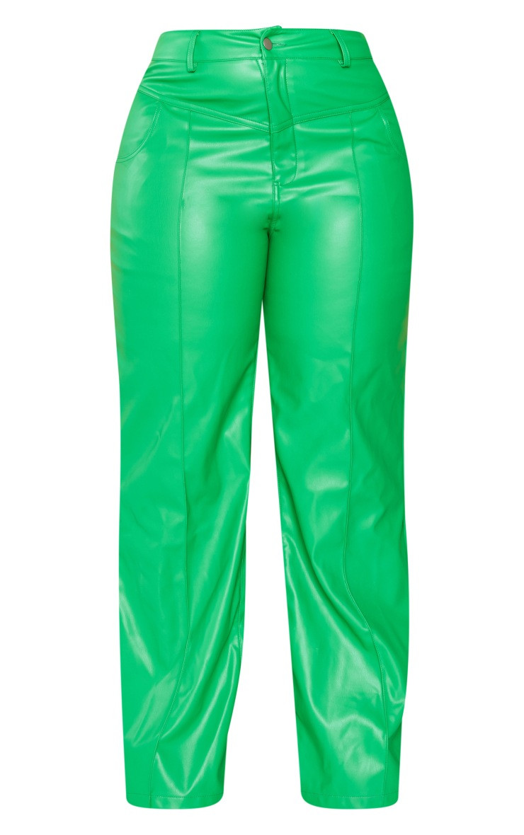 Plus Bright Green Faux Leather Seam Detail Wide Leg Pants | PrettyLittleThing US