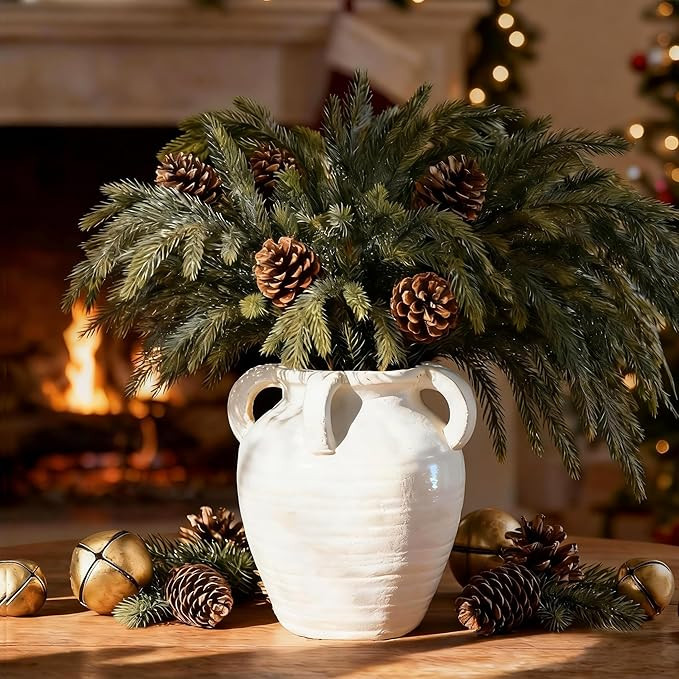 Rustic White Ceramic Vase, Wide Mouth Terracotta, Antique Decorative Flower Vase with 4 Handles, ... | Amazon (US)