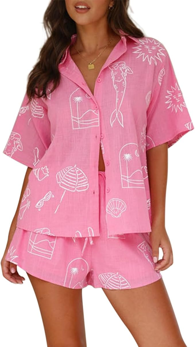 Foidiccx Women Summer 2 Piece Beach Outfits Printed Short Sleeve Button Down Shirt Shorts Lounge ... | Amazon (US)