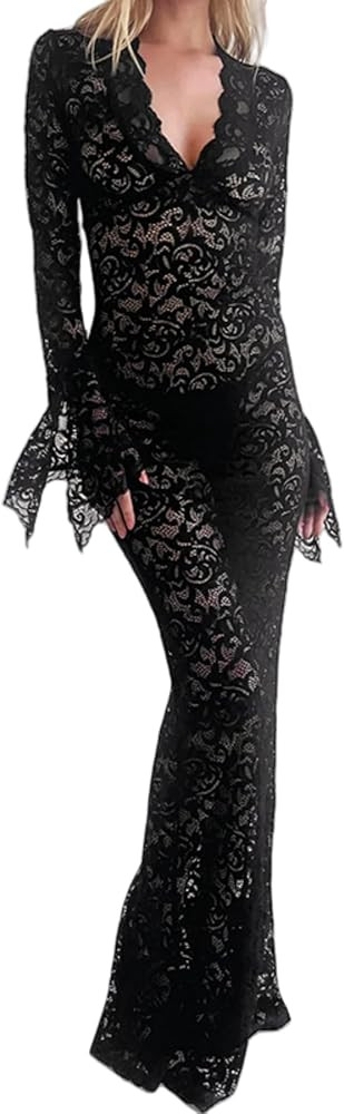 ZGMYC Women's Elegant Floral Lace Maxi Dress Sexy See Through Long Sleeve Evening Dress Party Coc... | Amazon (US)