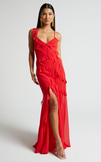 Nitha Maxi Dress - Aysmmetrical Frill Thigh Slit Dress in Red | Showpo (US, UK & Europe)