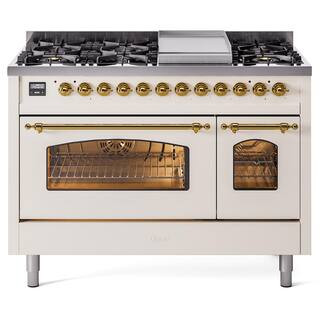 ILVE Nostalgie II 48 in. 8-Burner Plus Griddle Double Oven Natural Gas Dual Fuel Range in Antique... | The Home Depot