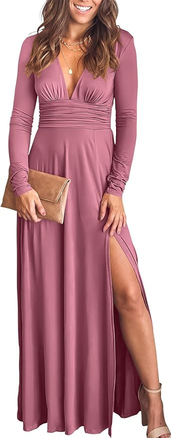 ANRABESS Women's Deep V Neck Short Sleeve Long Dresses Pleated High Waist Slit Club Party Evening... | Amazon (US)