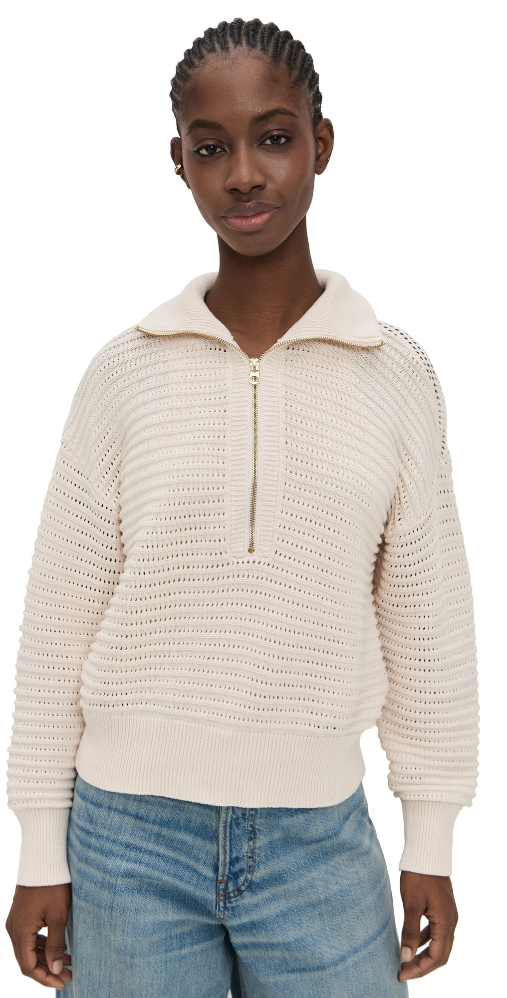 Varley Tara Pointelle Half Zip Sweater Whitecap Grey L | Shopbop