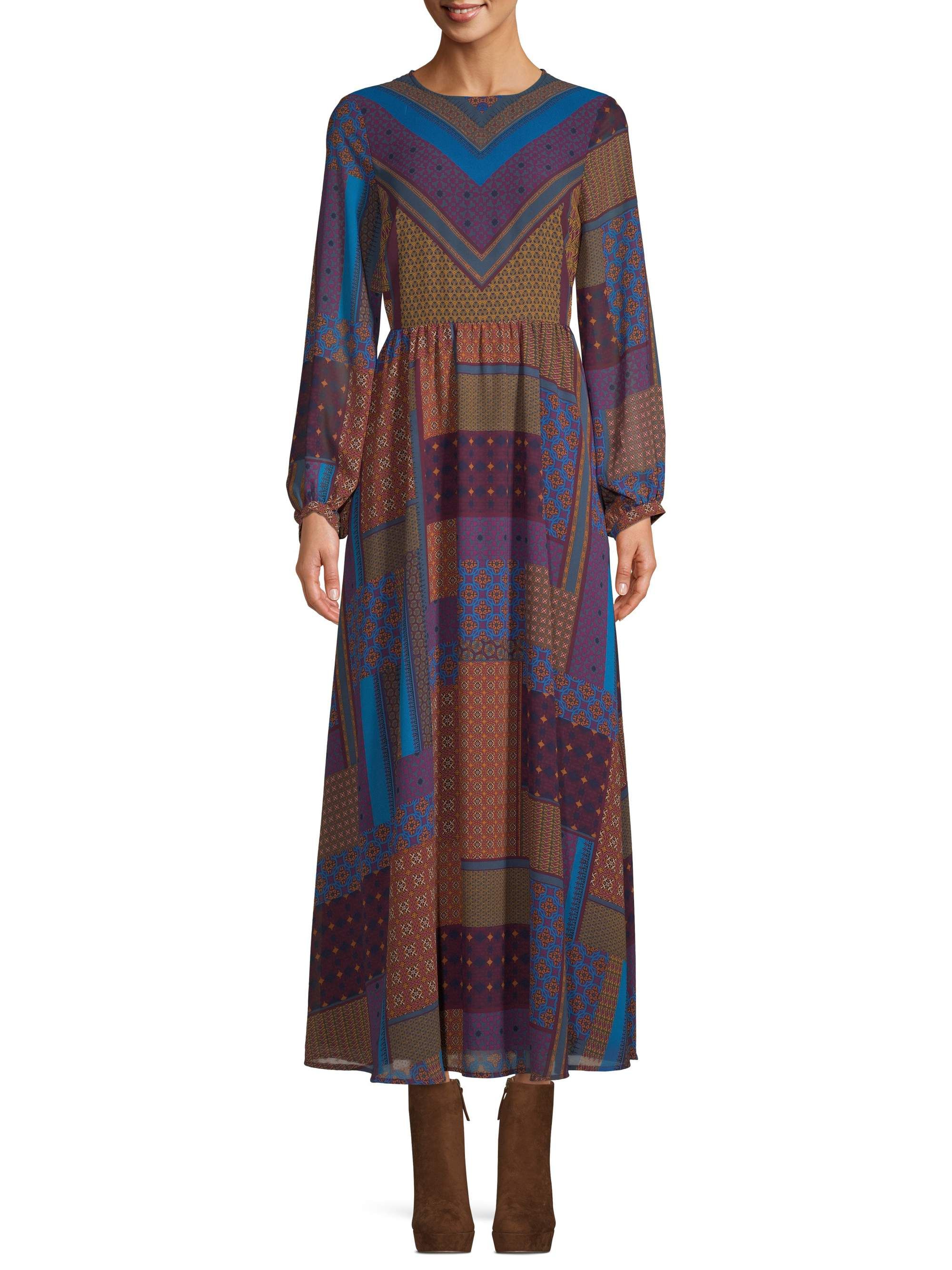 Scoop Blouson Sleeve Maxi Dress Chevron Print Women's | Walmart (US)