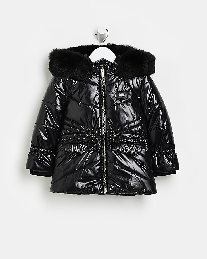 Mini girls Black high shine puffer coat | River Island (UK & IE)