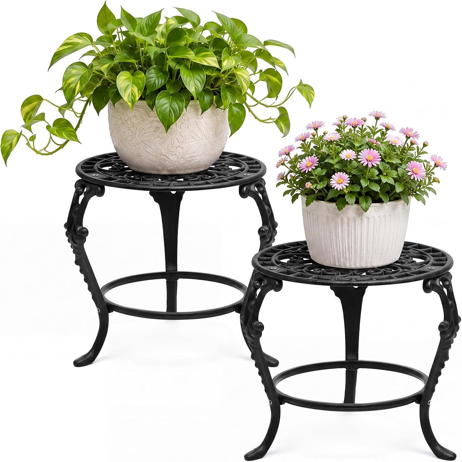ElaraBerry 2 Pcs Heavy Duty Cast Iron Plant Stand Rustic Round Vintage Metal Pot Holder Anti-rust Flower Plant Rack for Large Pot Home Indoor Outdoor Garden Decorative | Amazon (US)