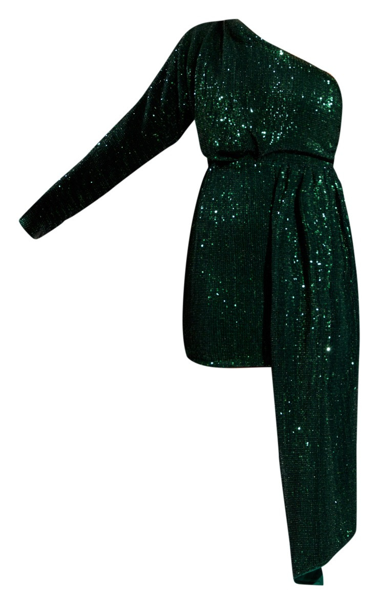 Emerald Green Sequin One Shoulder Draped Bodycon Dress | PrettyLittleThing US