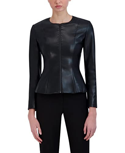 BCBGMAXAZRIA Women's Faux Leather Peplum Jacket Long Sleeve Crew Neck Front Zip Coat, Black, Small | Amazon (US)